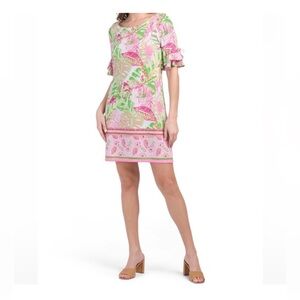 Pappagallo Erika Tropical Leaf Print Ruffle Flutter Sleeve Shift Dress Medium